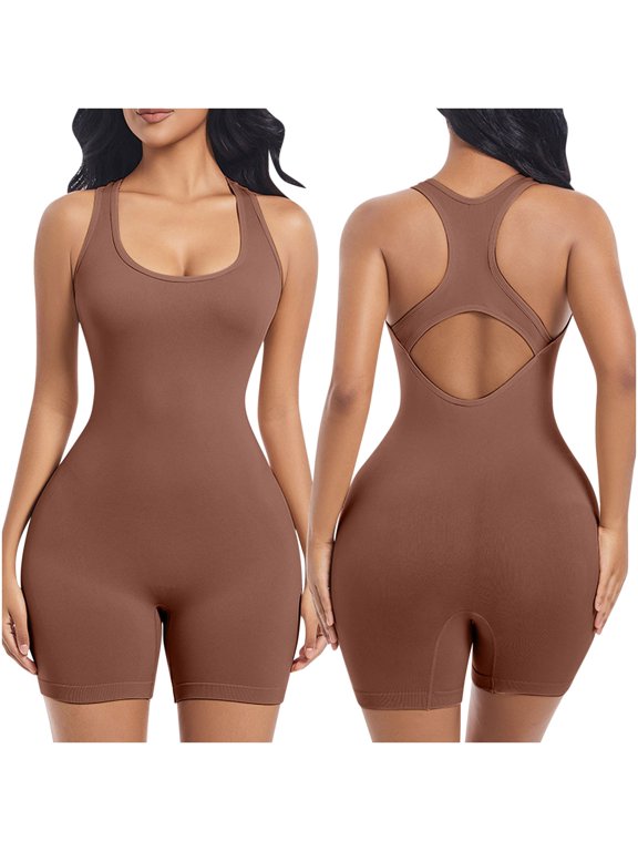 Womens' Seamless Shapewear Solid Color Fitness Exercise High Elasticity Tight Fitting Corset Yoga Underwear Brown Bodysuit S-L