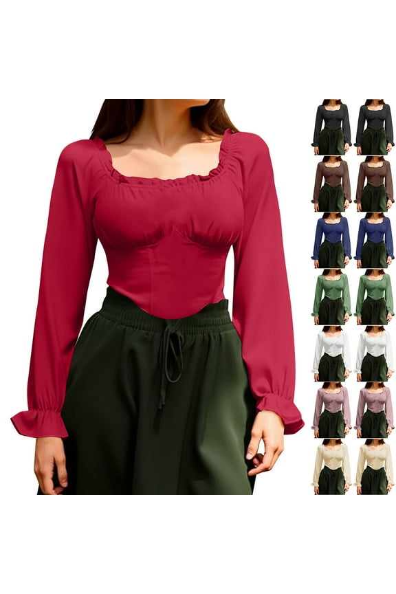 Womens Shirts Trendy Sweaters Lightweight 2025 Renaissance Shirt Off Shoulder Solid Long Sleeve Waisted Smocked Costume Corset S Fall Tops Loose Fit Red S-2XL