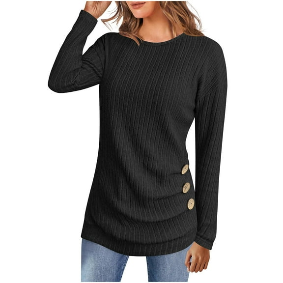 Gmluru Womens Shirts Trendy Sweaters Lightweight 2025 Round Neck Ribbed & Brushed Layering Essential Tee Long Sleeve Solid Color Button Front Fall Tops Loose Fit Black S-2XL