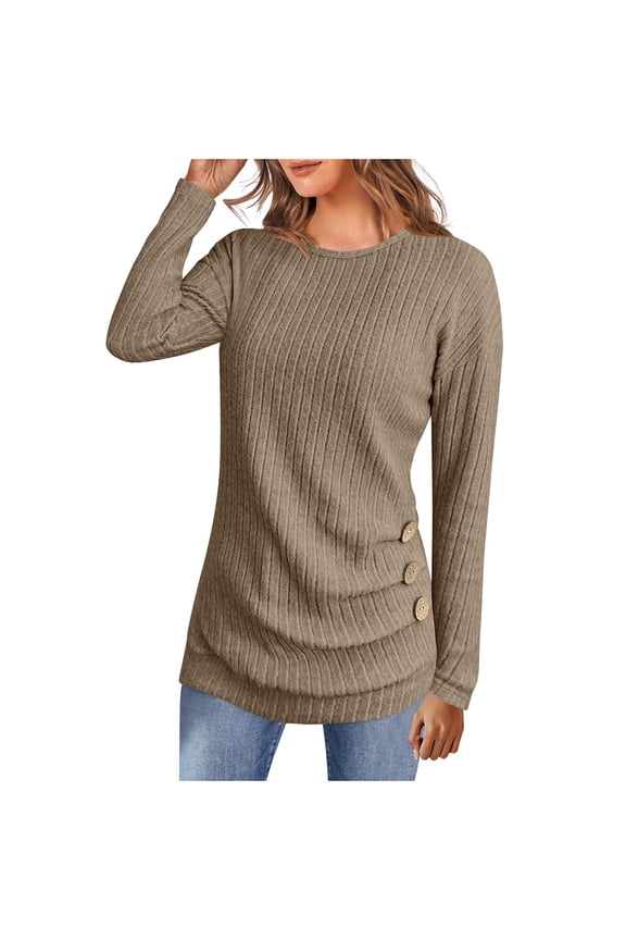 Womens Shirts Trendy Sweaters Lightweight 2025 Round Neck Ribbed & Brushed Layering Essential Tee Long Sleeve Solid Color Button Front Fall Tops Loose Fit Brown S-2XL