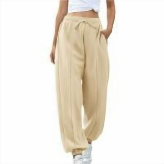 Gmluru Womens Wide Leg Sweatpants High Waisted Casual Solid Color Jogger Workout Jogging Beige (S-2XL)
