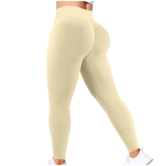 Gmluru Yoga Pants for Women Beige Solid Color High Waisted Hip Elastic Fitness And Sports Tight And Nude Long Tummy Control, Non-See-Through M