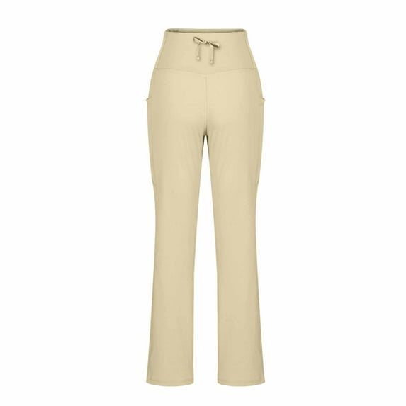 Gmluru Yoga Pants for Women Beige Solid Color High Waisted Hip Elastic Pocket Fitness And Sports Tight And Nude Long Tummy Control, Non-See-Through S