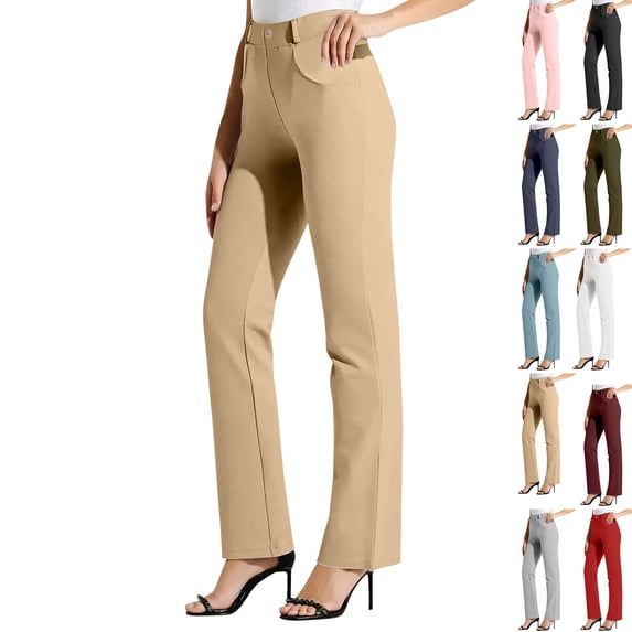 Gmluru Yoga Pants for Women Brown Solid Color Elastic Waist Casual Button Pockets Casual Loose Straight Leg Pants Elastic Waist Comfortable S-2XL