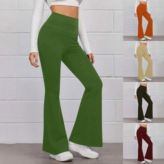 Gmluru Yoga Pants for Women Green Solid Color Tight Fitting Hip Shaping Flared Tummy Control, Non-See-Through L
