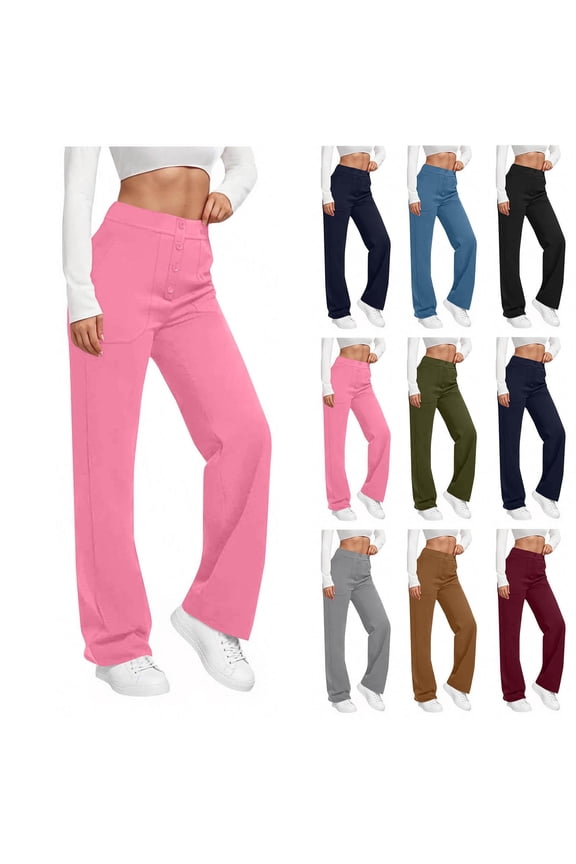 Yoga Pants for Women Pink Solid Color Elastic Waist Casual Button Pockets Casual Loose Straight Leg Pants Tummy Control, Non-See-Through S-2XL
