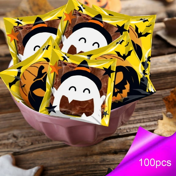 Gmogad 100-Piece Halloween Candy Bags, 3.94x5.12in Plastic Goodie Bags, Bulk Treat Bags for Classroom Party Favors, Trick or Treat Snack Bags for Kids Halloween Party Supplies