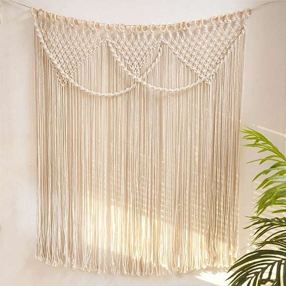 Gmogad 100x110cm Beige Macrame Wall Art, Bohemian Woven Tapestry with Fringe for Home/Office Decor (Wooden Pole Not Included)