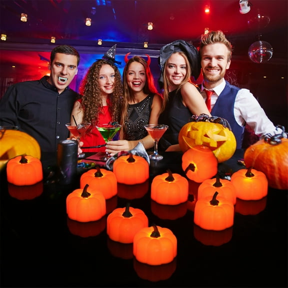 Gmogad 12 Pack Halloween LED Tea Light Candles Battery Operated Flameless Flickering Lights, Mini Pumpkin Decor for Indoor Outdoor Party Porch Yard Grave Spooky Decorations