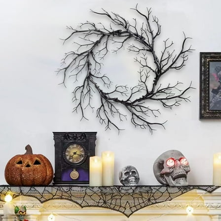 Gmogad 16in Spooky Halloween Wreath for Front Door - LED Light Up Twig Decor Indoor Outdoor Home Party Graveyard Theme Decoration