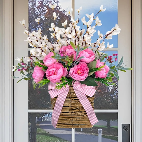 Gmogad 38cm Artificial Tulip Flower Wreath Plastic Hanging Decor for Front Door Wall Fireplace Wedding Party Home Indoor Outdoor Decoration