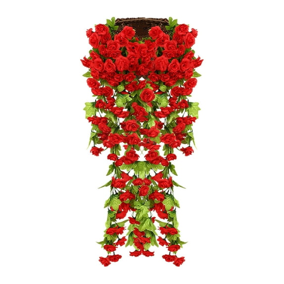Gmogad 85cm Faux Rose Rattan Hanging Basket - Weatherproof Outdoor Flower Decor for Fence/Balcony, Realistic UV-Resistant Blooms