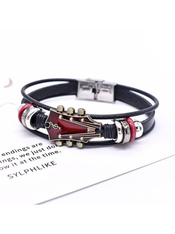 Alloy Guitar Leather Bracelet, Musical Instrument Inspired Adjustable Wristband, Rock and Roll Music Jewelry, Handmade Guitar String and Fretboard Accent for Men and Women