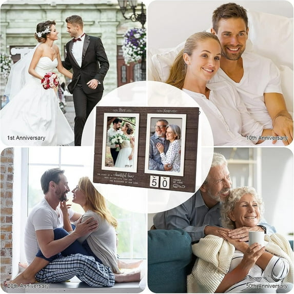 Gmogad Anniversary Photo Frame Wooden Display Stand - Holds Two 6x4 Pictures for Wedding Couple Valentine's Gift Home Decor Personalized Years Marker