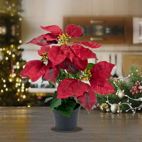 Gmogad Artificial Poinsettia Planter, 12.6in Faux Christmas Flower Pot - Realistic Poinsettia for Tabletop, Staircase Decor - Indoor Outdoor Party Wedding No-Maintenance Centerpiece