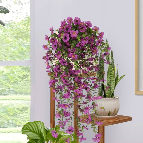 Gmogad Artificial Violet Wall Hanging, Silk Flower Rattan Basket Decor, Boho Ceiling Window Wedding Decor, No-Water Home Office Hanging Plant, 76x25cm