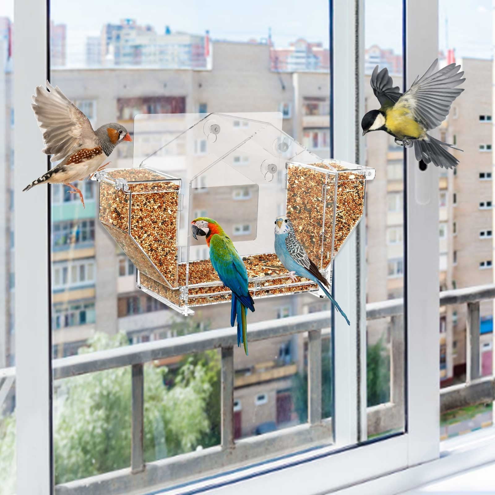 Gmogad Clear Acrylic Hanging Bird Feeder, Weatherproof Transparent Outdoor Feeder with Easy-Fill Wide Opening, Stable Non-Tilt Hanging Hook, Large Tray Feeder for Attracting Multiple Wild Birds