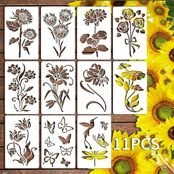 Gmogad Extra Large Flower Stencils 11PC Reusable DIY Painting Templates for Wood Walls Canvas Garden Fence Home Decor Craft Patterns