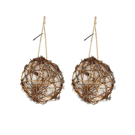 Gmogad Hummingbird Nesting Ball Set of 2, Outdoor Hanging Bird House with Cotton Filling for Garden Yard Tree, Natural Rattan Bird Nester Gift for Bird Lovers Decor