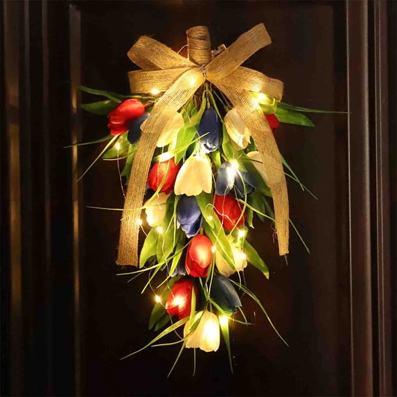 Gmogad Independence Day Lighted Garland Hanging Decor Patriotic Flower Swag, Red White Blue LED Vine Decoration for Front Door Wall Mantel Porch, 4th of July Indoor Outdoor Holiday Decor