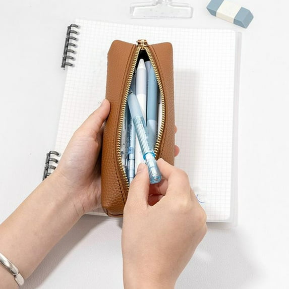 Gmogad Leather Pen Bag Business Office Pen Storage Case Portable Zipper Organizer with Soft Suede Lining Leak Proof Protection for Fountain Pens Writing Stationery Supplies