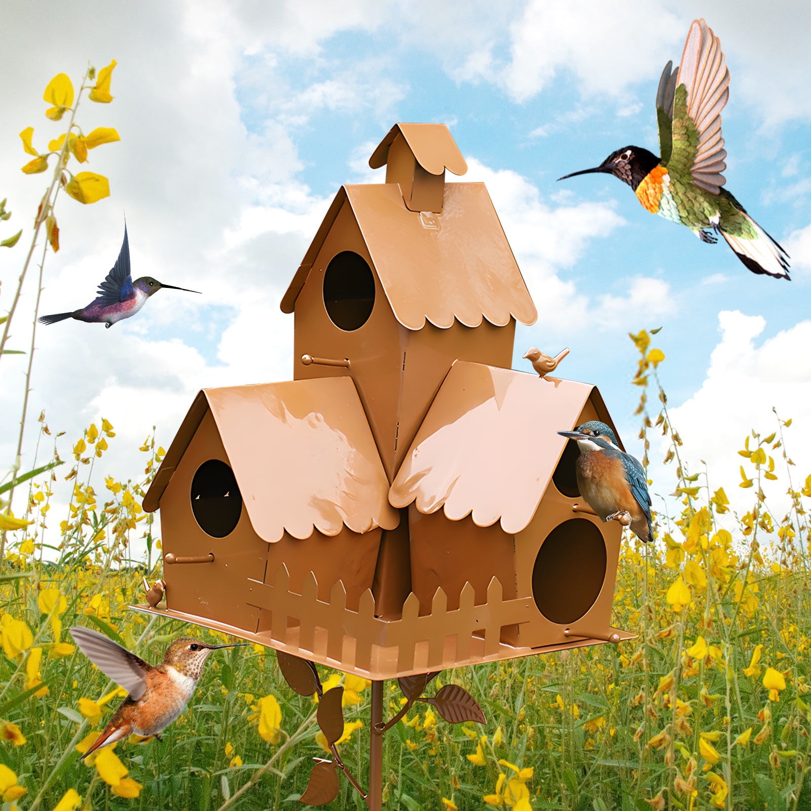 Gmogad Metal Bird House Garden Stake with Poles, Outdoor Iron