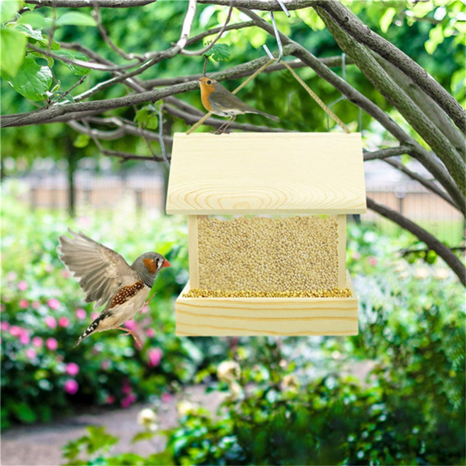 Gmogad Outdoor Wooden Bird Feeder with Inclined Roof Clear Panels, Automatic Feeding Tray with Lock Cover Keeps Bird Food Fresh Dry, Hanging Feeder for Balcony Deck Garden Backyard Birds