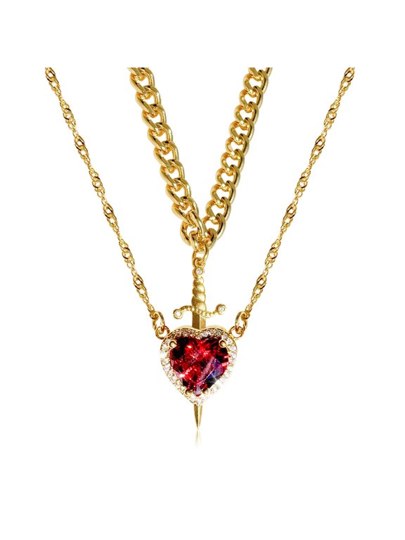 Red Crystal Heart Dagger Necklace for Women, Layered Collarbone Chain with Sword Pendant, Gothic Romantic Jewelry Gift for Valentine’s Day Anniversary Birthday, Stylish Statement Accessory