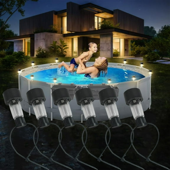 Gmogad Solar LED Pool Lights, 6 Pack Outdoor Waterproof LED Solar Lights for Above-Ground Pool Fence Decoration, Automatic Night Illumination, Backyard Yard Lawn Party Lighting