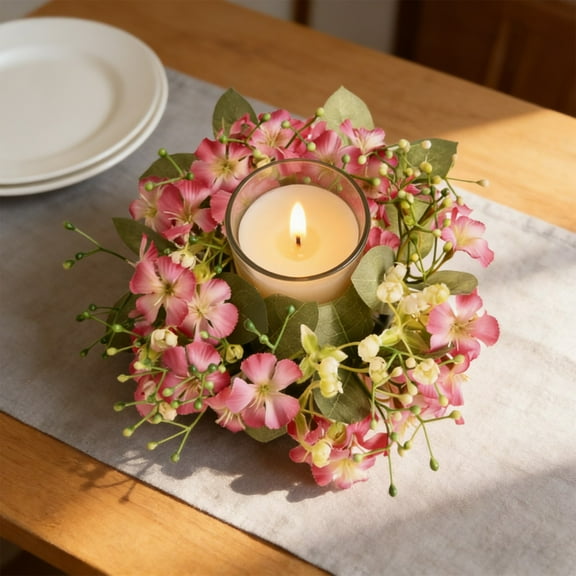 Gmogad Spring and Summer Artificial Floral Candle Ring Wreath, Mini Flower Table Centerpiece for Weddings, Parties, or Home Decor, Decorative Candle Holder Accent for Indoor Celebrations