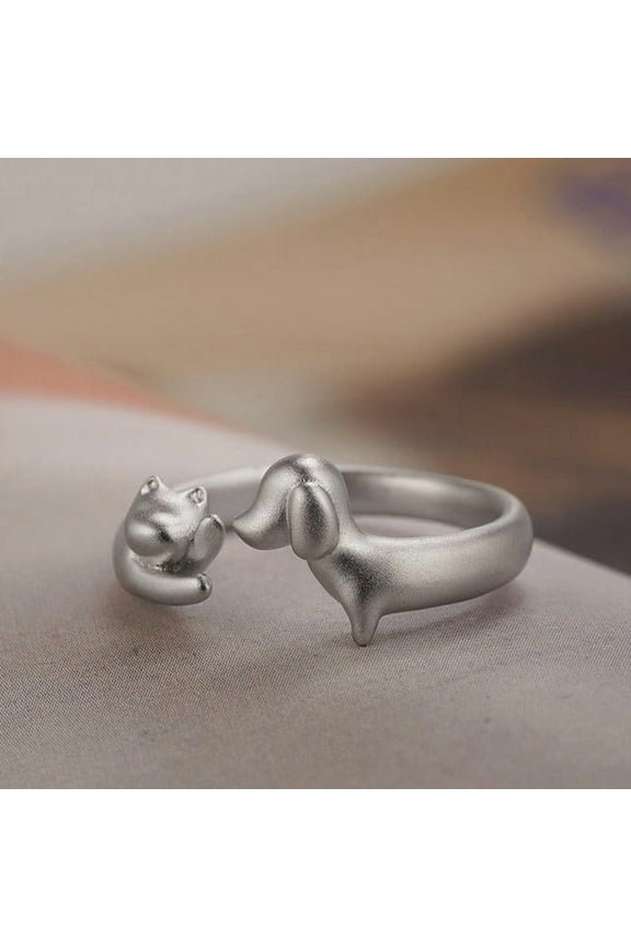 Unique Cat Dog Ring Adjustable Pet Lover Jewelry Gift for Women Men, Heart Design Animal Ring for Cat Dog Lovers Birthday Anniversary Christmas Gift