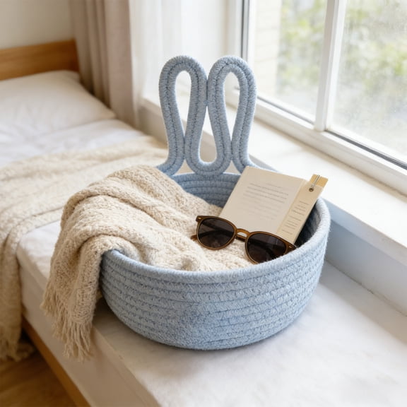 Gmogad Woven Cotton Rope Storage Basket, Bunny Ear Handle and Pom Pom Decor Organizer Bin, Easter Themed Decorative Holder for Cosmetics Snacks Toys and Home Decor