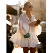 AOLIGEI Gmystars Short White Dress for Women Summer Autumn Lapel Collar Puff Long Sleeves Split-joint Pleated Female Mini Shirts Dresses