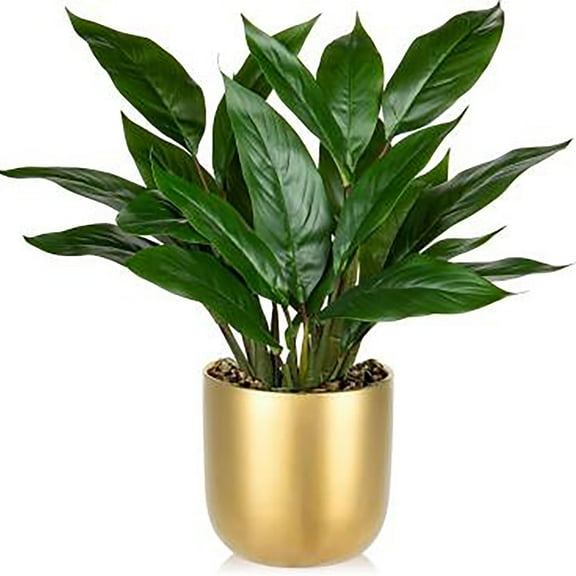 GnFlus 17'' Artificial Potted Plants Fake Greenery Cast Iron Plant Indoor Realistic Faux Plants with Gold Pot Desk Home Decor
