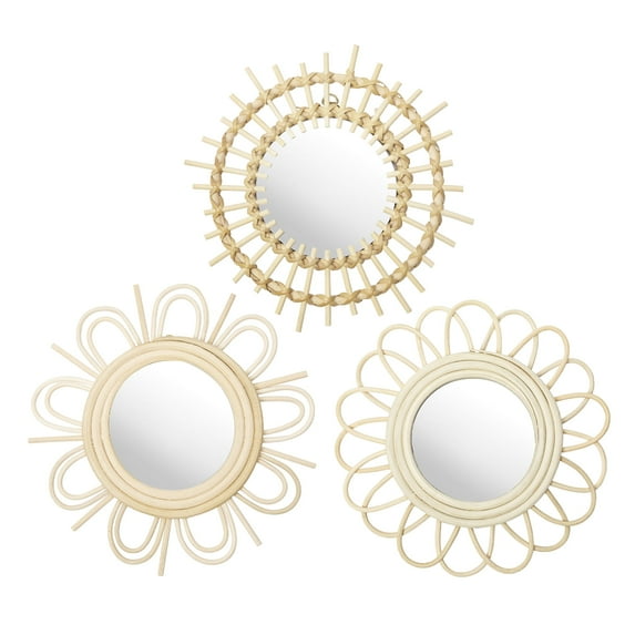 GnFlus 3 pcs Wall Mirrors Decor 10" Wooden Round Wall Mirrors Wall-Mounted Sunburst Mirrors Hanging Wall Art Beige Home Decorations Accents