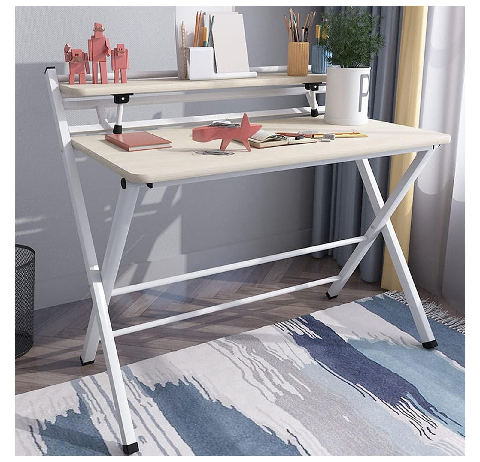 GnHoCh 2 Tier Folding Computer Desk, No Assembly Required, Laptop Table