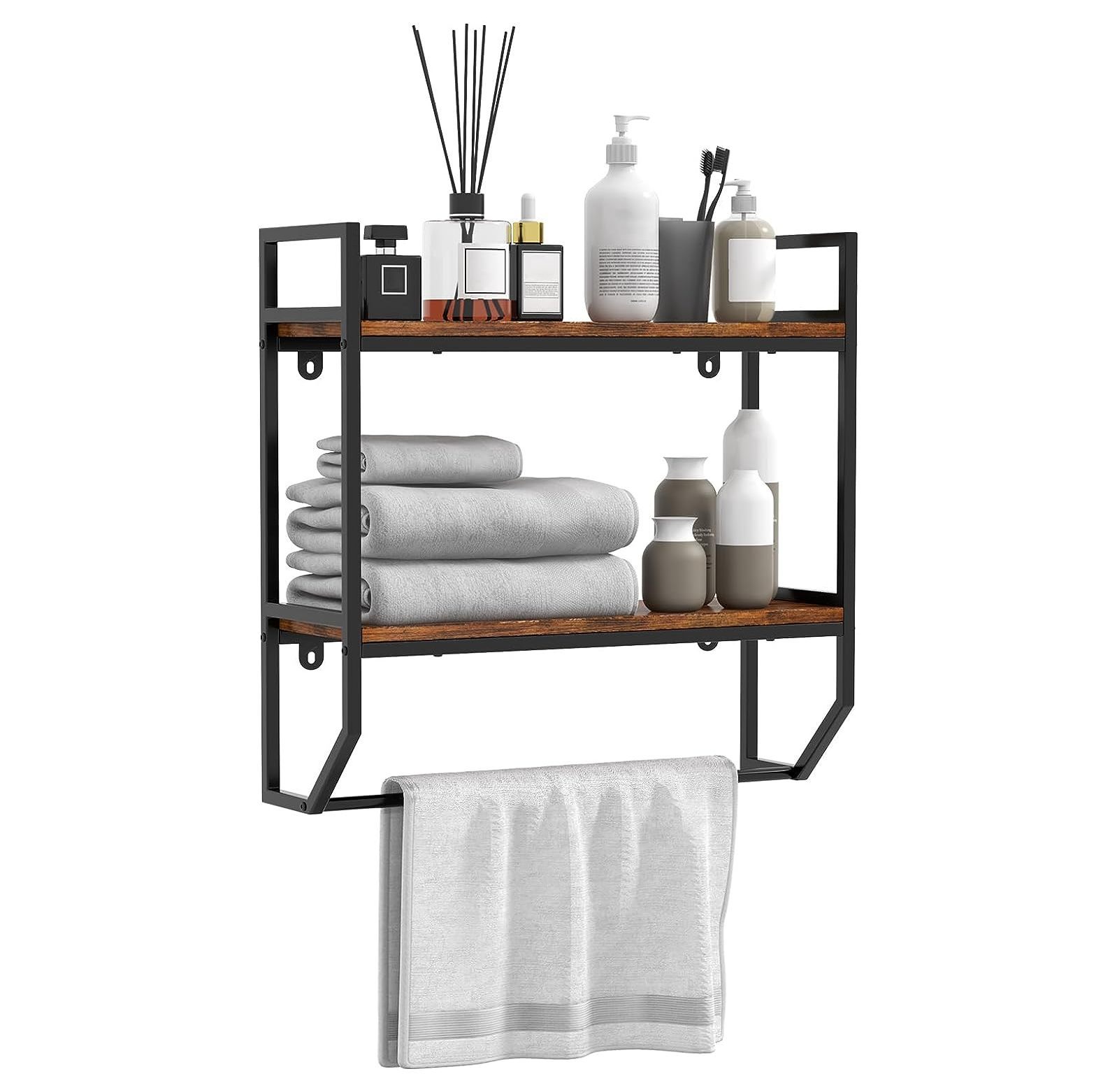 GnHoCh 2Tier Industrial Bathroom Shelves with Towel Bar, Over The