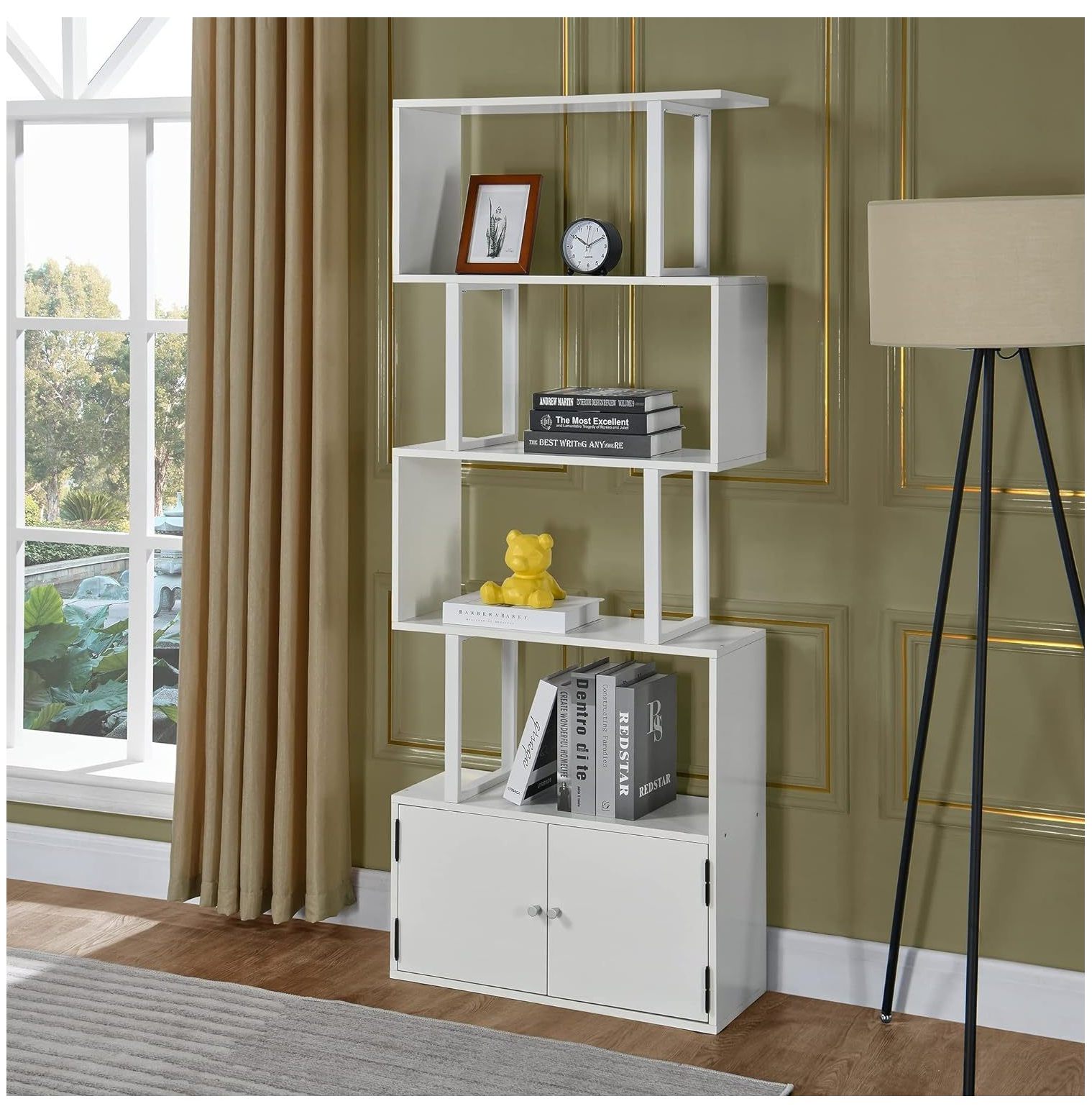 GnHoCh 4tire Bookshelf with Large Drawer, SDesign Corner Bookcase