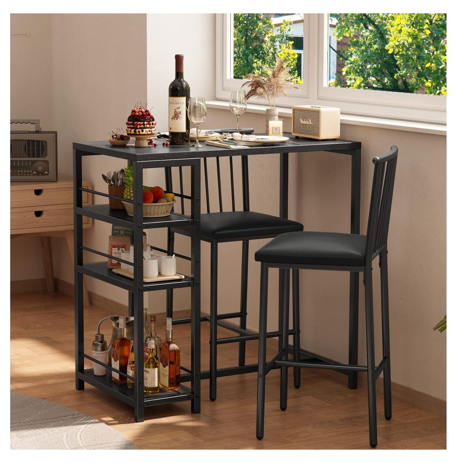 GnHoCh Bar Table and Chairs Set for 2 with 3 Storage Shelves, Modern