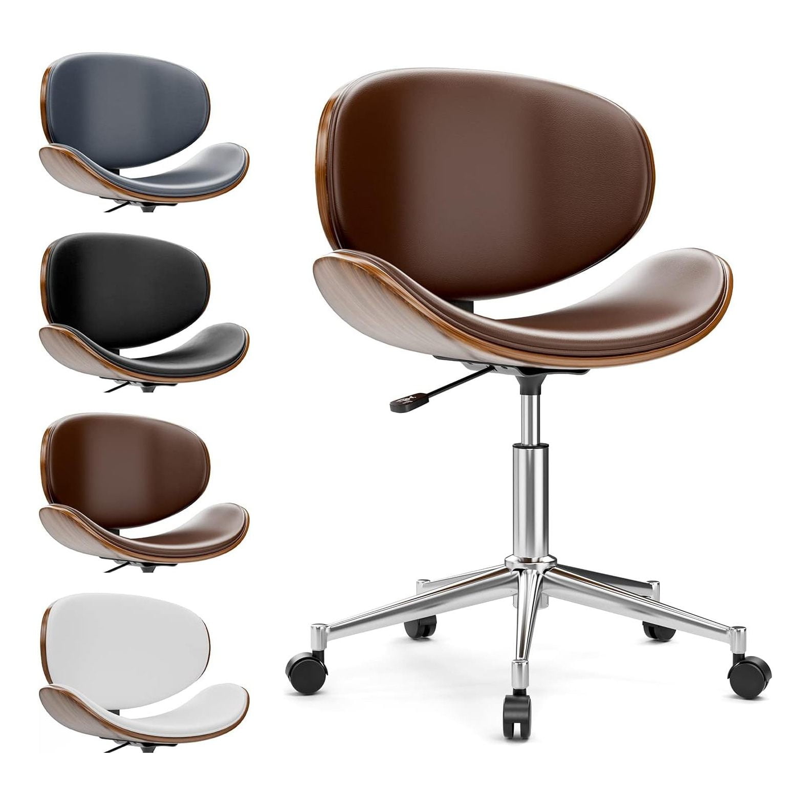 GnHoCh Century Modern Office Chair Brown Leather Desk Chair Armless Chairs 360° Swivel Height