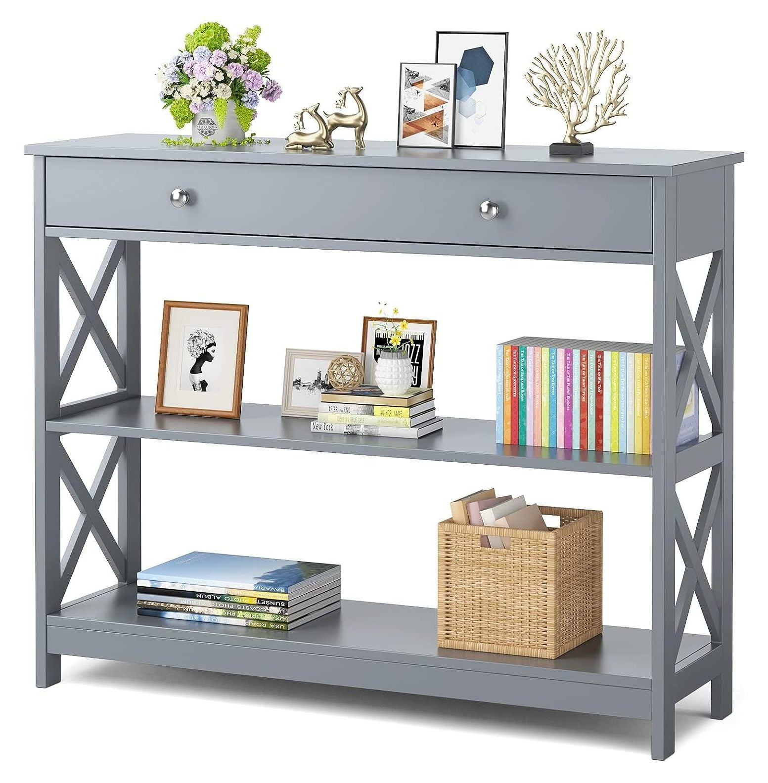 GnHoCh Console Table with Drawer and Storage Shelves, Sofa Table Narrow Long for Living Room