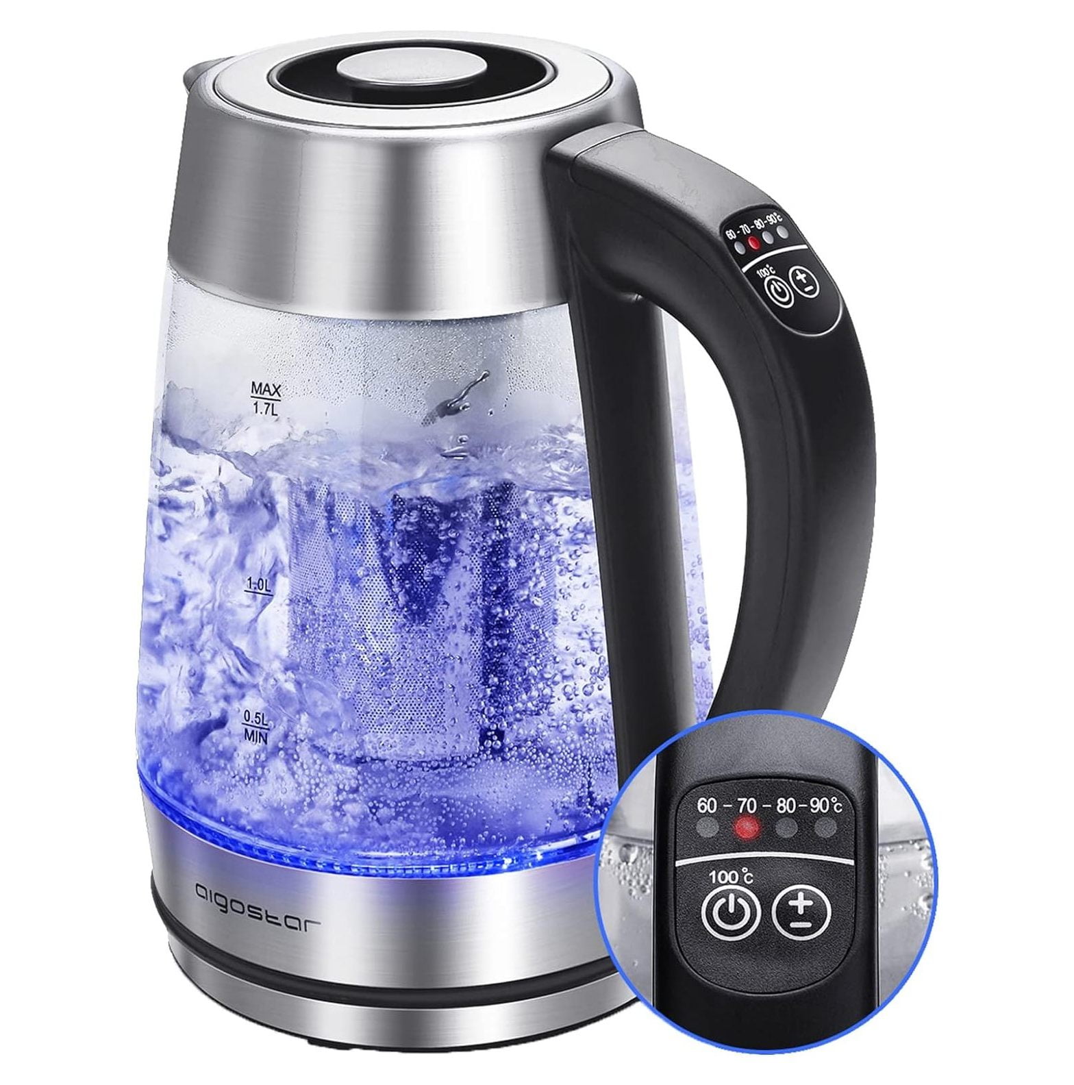 1.7-Liter Electric Glass Kettle with Color Changing LED Indicators and  Stainless Tea Infuser - Select Brands