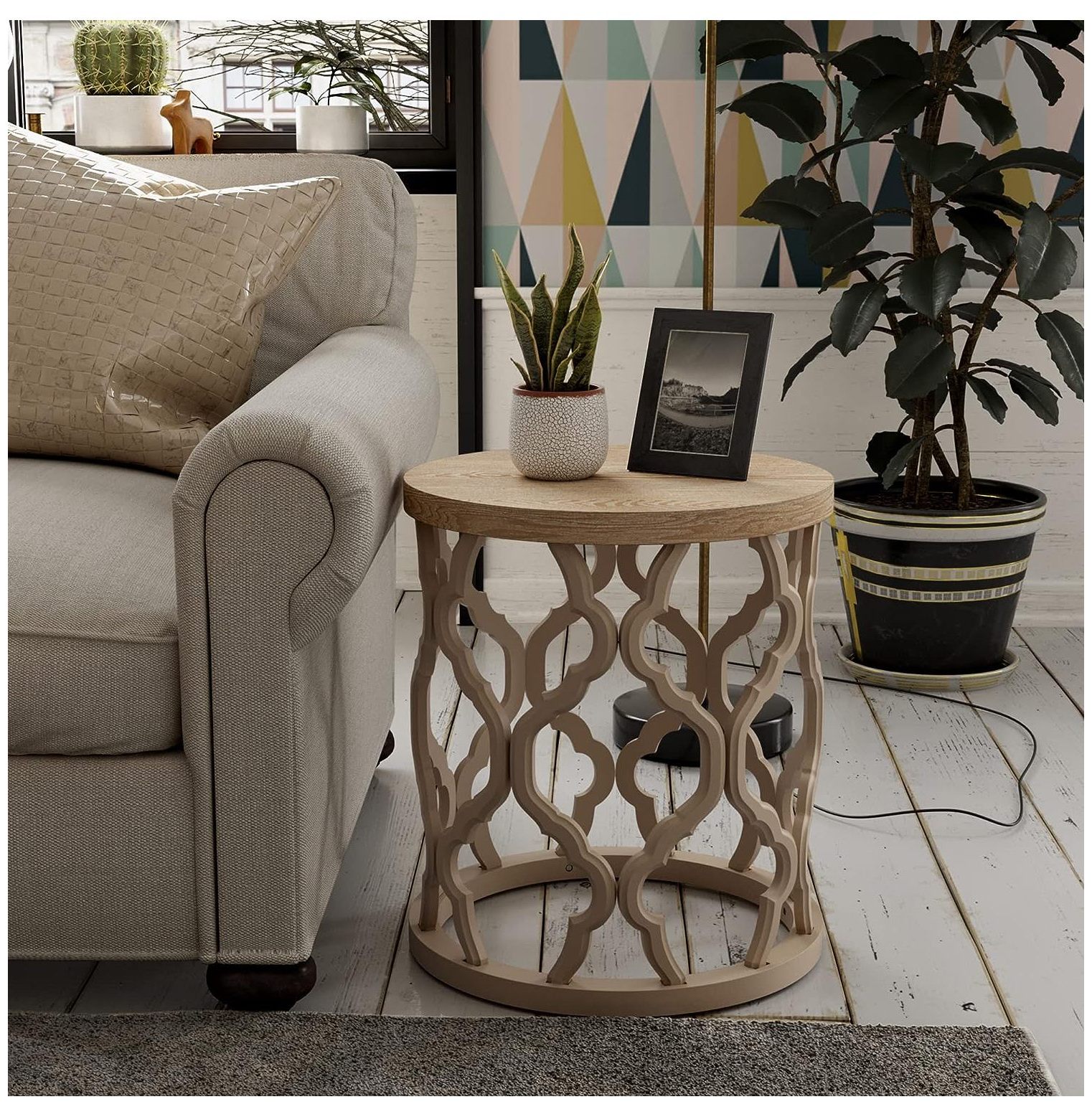 GnHoCh Farmhouse End Table, Distressed Wood Top Side Table with Curved