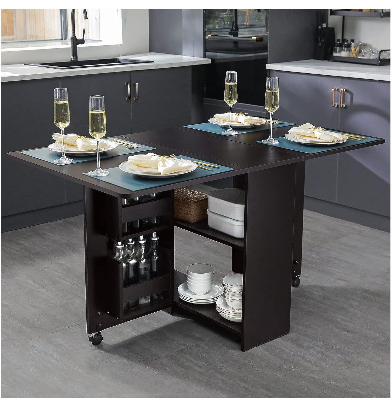 GnHoCh Folding Dining Table with 4 Storage Racks Drop Leaf Dining Table