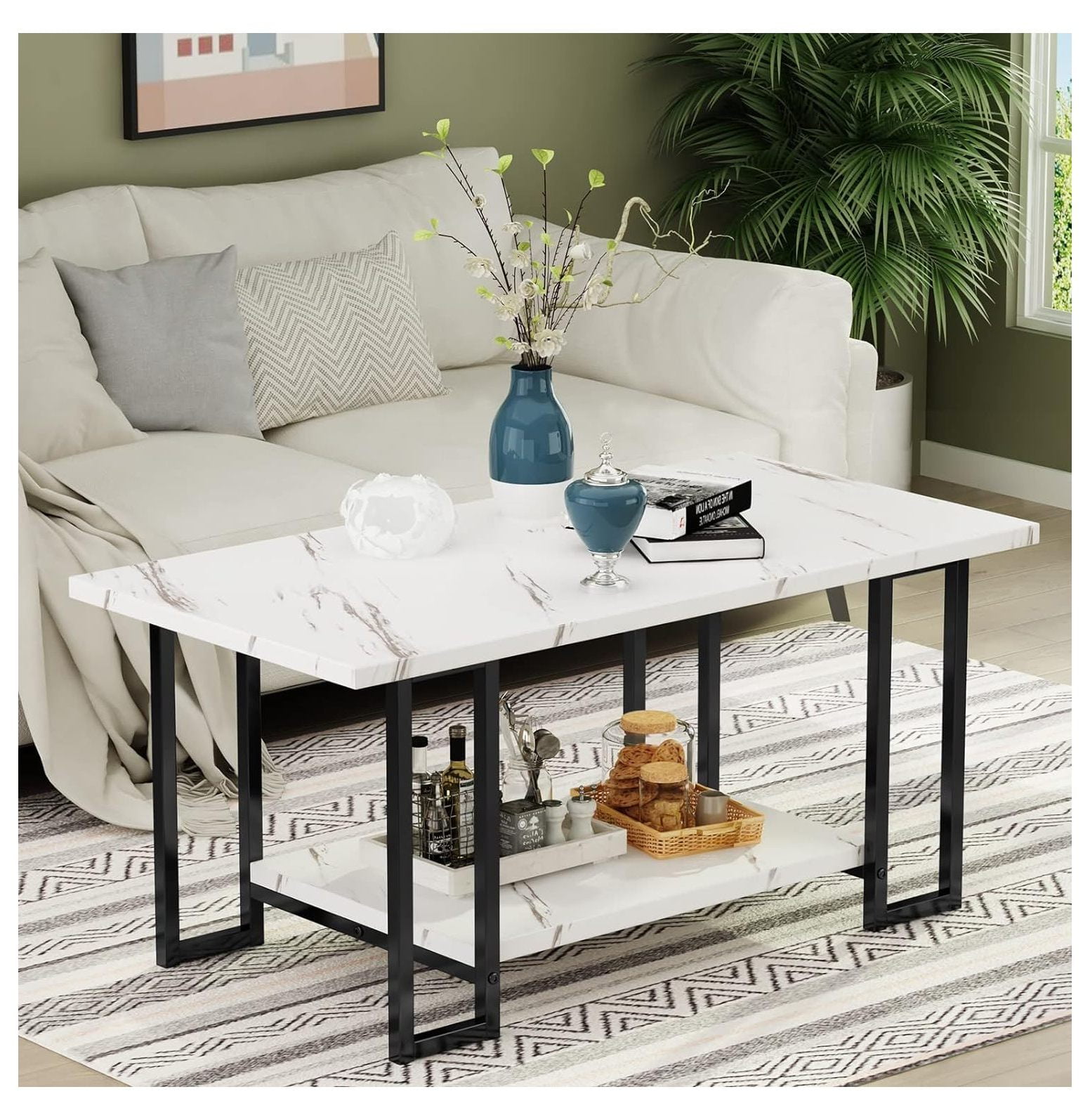 GnHoCh Marble Coffee Table, Faux Marble Top Rectangular Coffee Table