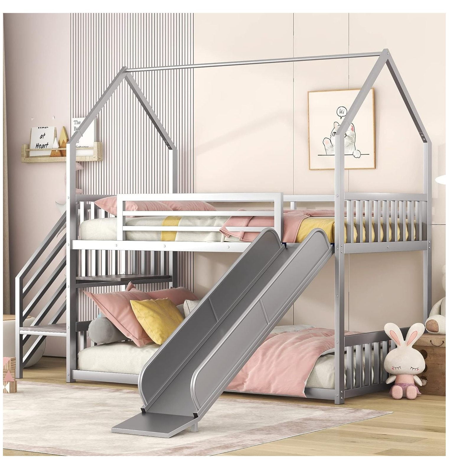 GnHoCh Over House Bunk Bed with Slide House Bunk Beds with Staircase