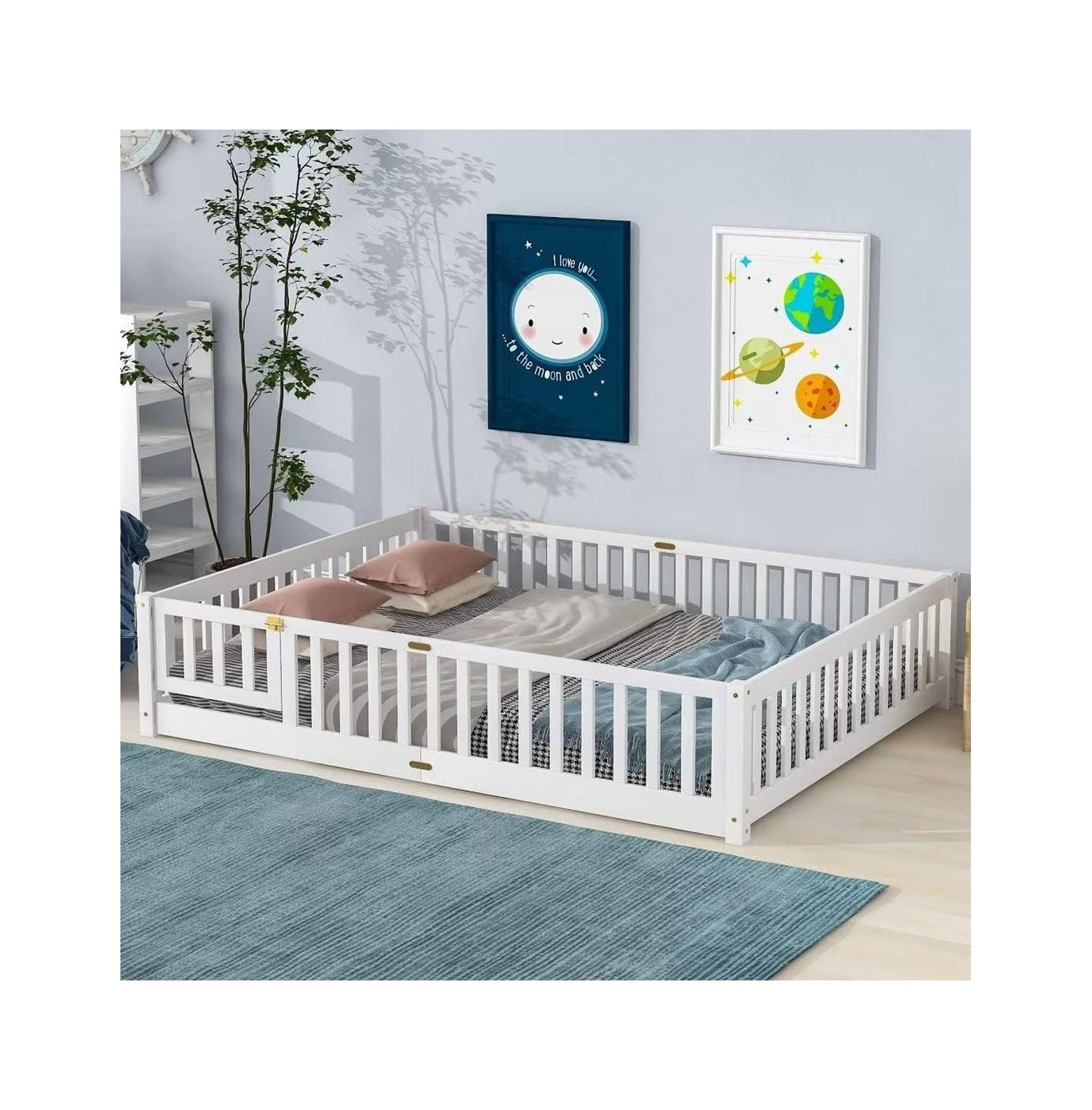 GnHoCh Queen Size Floor Bed, Wood Queen Montessori Bed Frame with Fence Guardrails and and