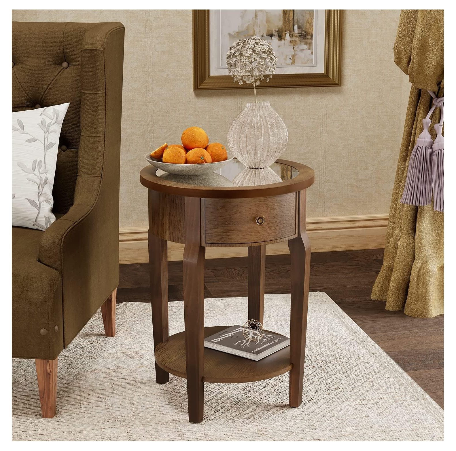 GnHoCh Round Nightstand with Drawer, 2Tier MDF End Table with Storage