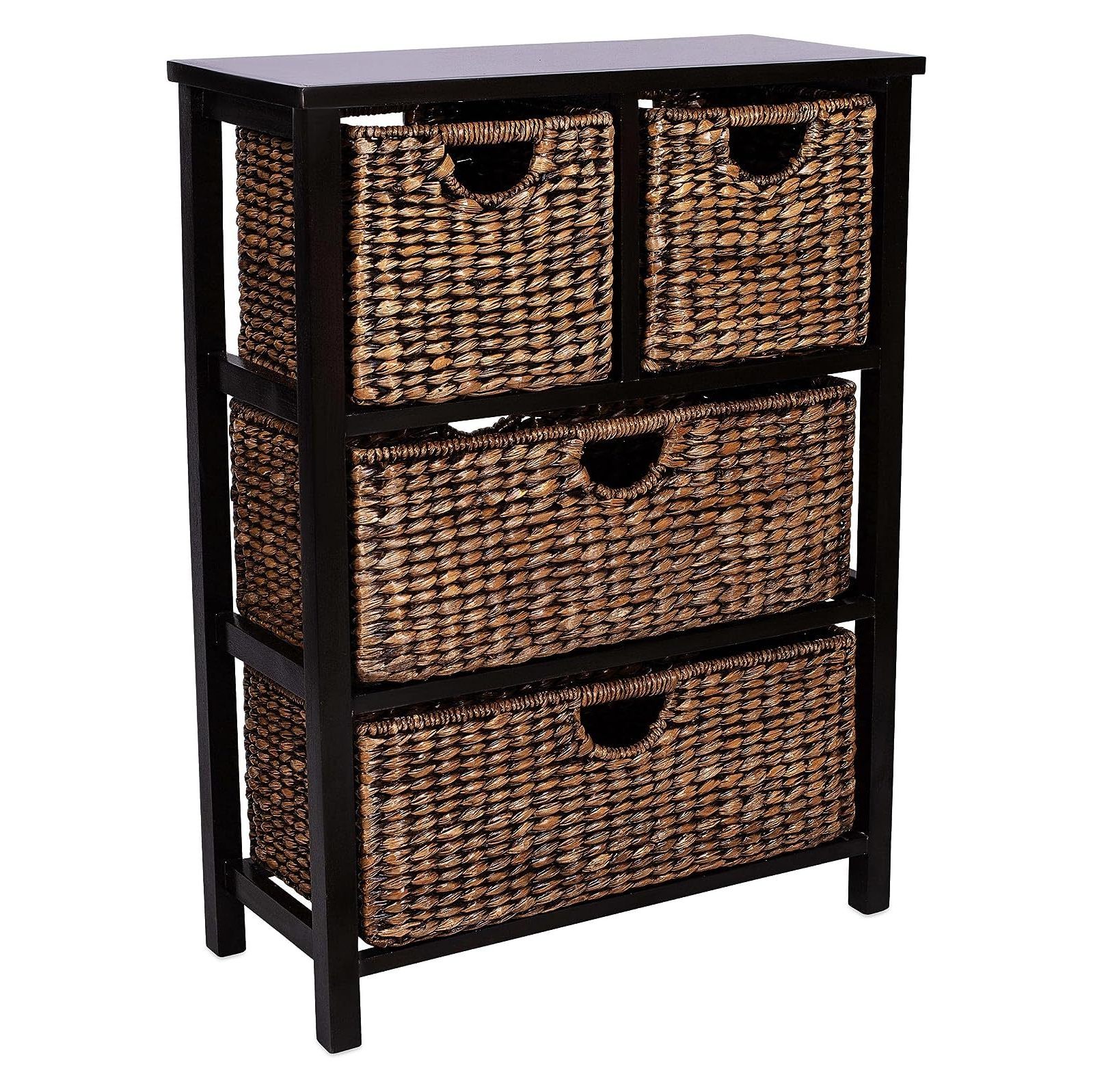 GnHoCh Seagrass Cubby Dresser 4 Drawer Bins Decorative Wood Storage Cubbies Shelf Organizer