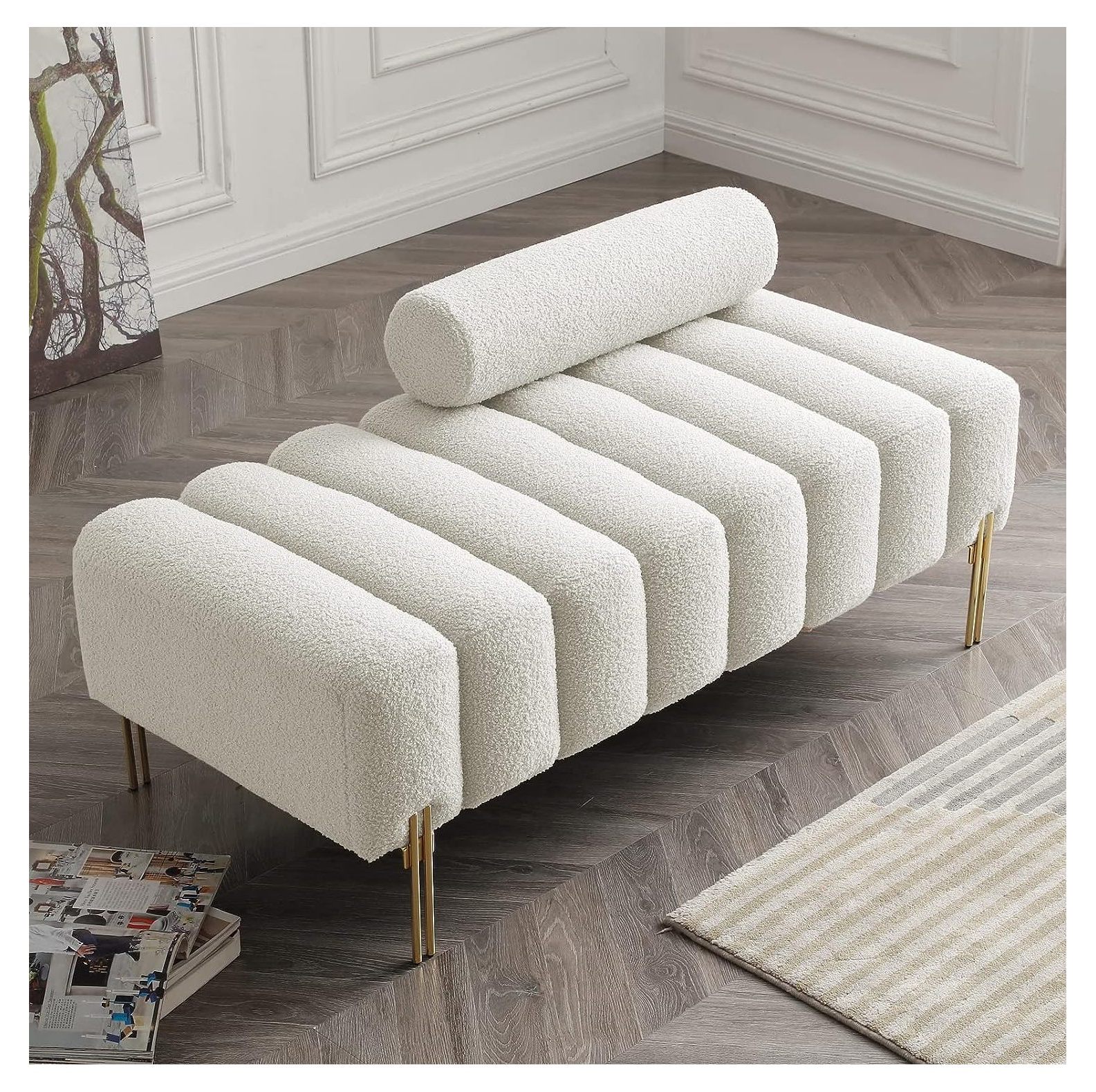 GnHoCh Teddy Fabric Ottoman Bench End of Bed Channel Tufted Bedroom